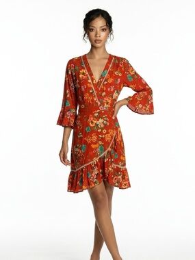 Farm Rio Red Orange Floral Wrap Midi Dress Bell Sleeve Hi-Low -Large